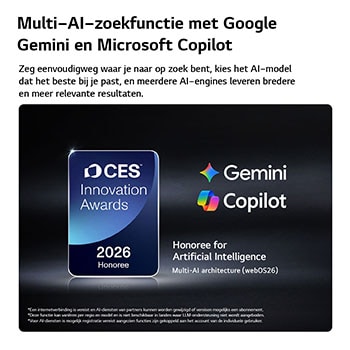 De CES Innovation Awards 2026-badge met eervolle vermelding in de categorie Kunstmatige Intelligentie erkent Multi-AI-zoekopdrachten met Google Gemini en Microsoft Copilot.